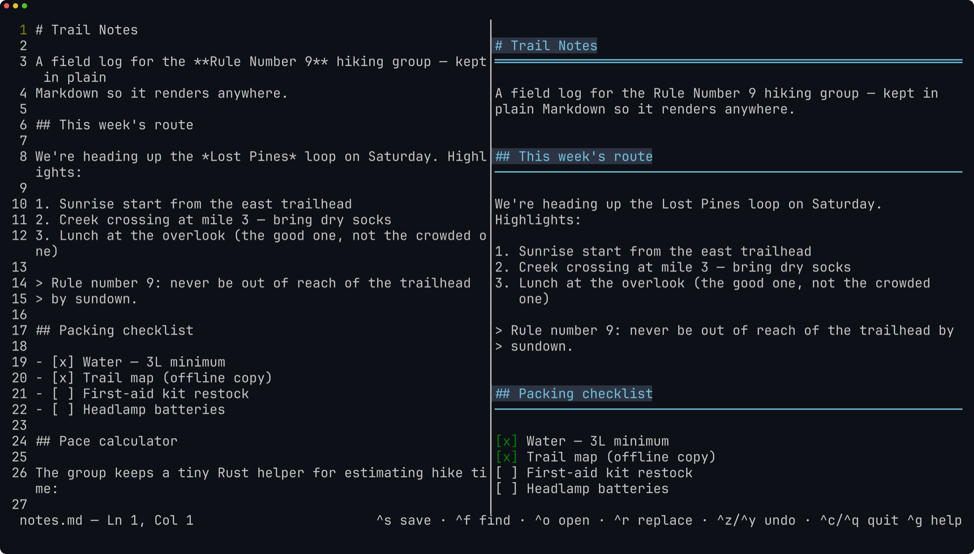 mdtool's split-pane editor: raw numbered Markdown source being edited on the left, the live-rendered preview on the right, and a status bar with key hints for save, find, open, replace, and undo.