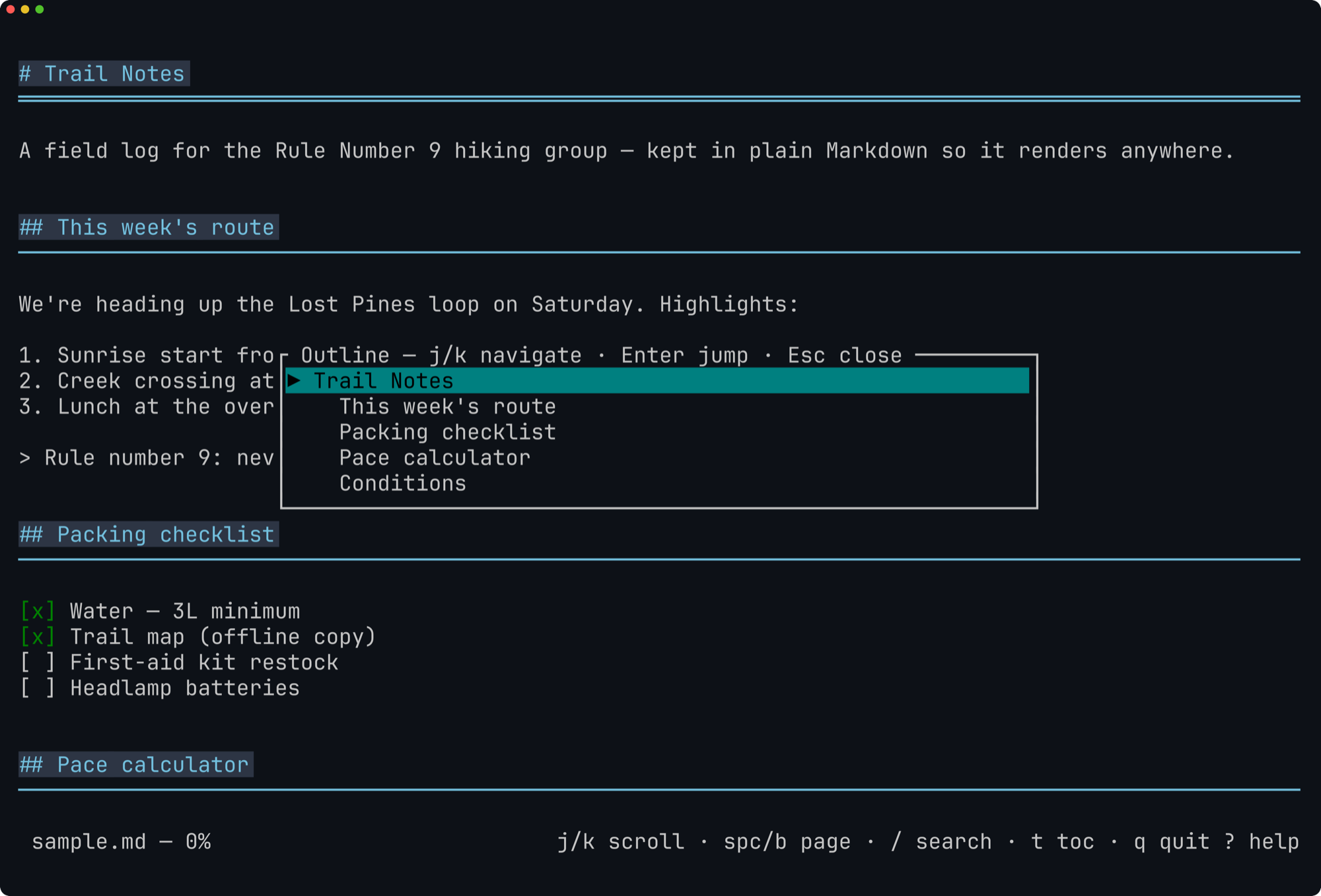 The same mdtool pager with the heading-outline overlay open: a bordered panel listing the document's five section headings, with the first entry selected and key hints to navigate, jump, or close.