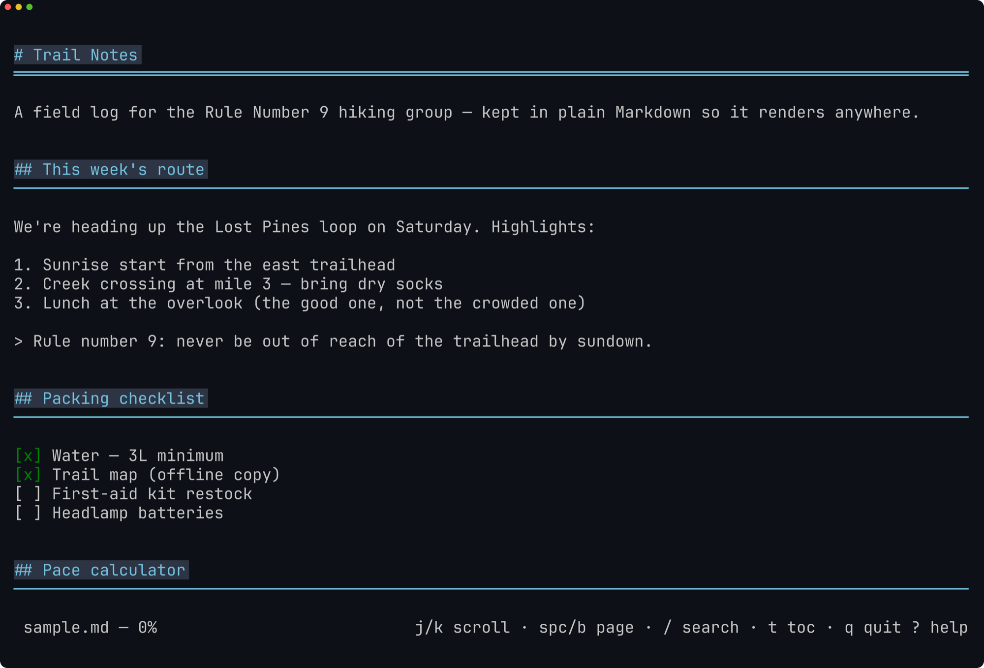 mdtool pager rendering a Markdown document in a dark-themed terminal: highlighted headings, an ordered list, a blockquote, and green-checked task-list items, with a status bar showing the scroll position and key hints for search, outline, and help.