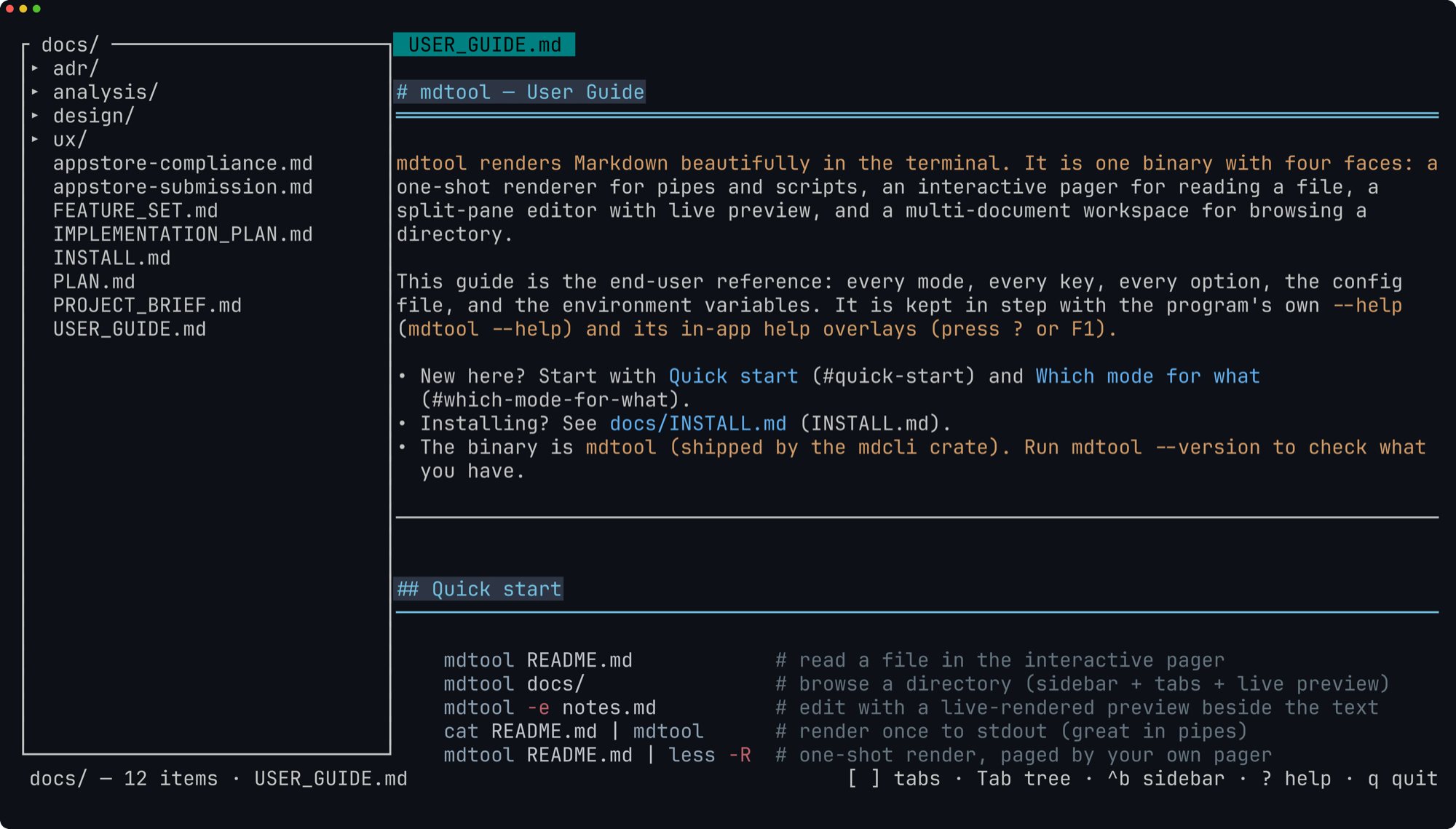 mdtool directory workspace in a terminal: a file-tree sidebar listing the project's docs folder on the left, with USER_GUIDE.md open in a tab on the right, rendered with colored headings, links, and a syntax-highlighted quick-start block.